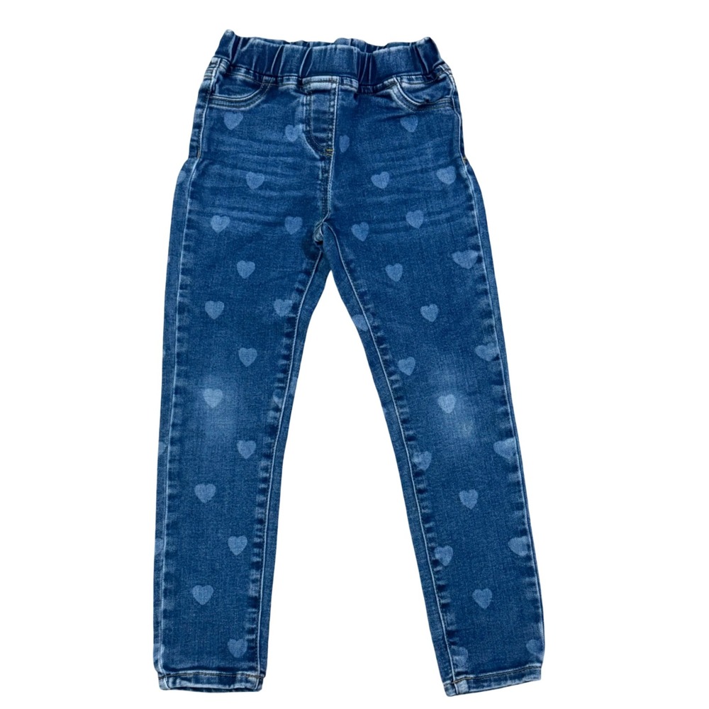 Mini Boden Girls Heart Print Denim Leggings Blue Elastic Waist Jeggings Size 7Y